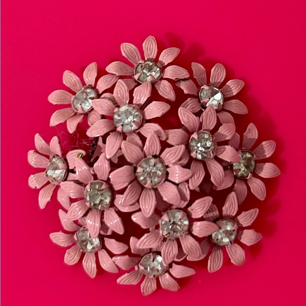 Vintage Metal Pink Brooch w/ Crystals